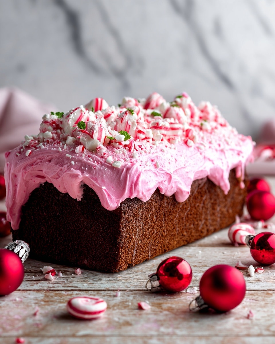 A single rectangular cake sits in the center of the image with a rough, crumbly light brown base. On top, a thick, uneven layer of bright pink frosting covers the cake completely, dripping slightly down the sides. The frosting is decorated with scattered white sprinkles and small chunks of red and white candy pieces. Around the cake, there are several whole peppermint candies with white and red stripes, and small white sprinkles are spread across the dark wooden surface, which is replaced by a white marbled texture. The overall scene gives a festive feeling with red ornaments in the background. photo taken with an iphone --ar 4:5 --v 7
