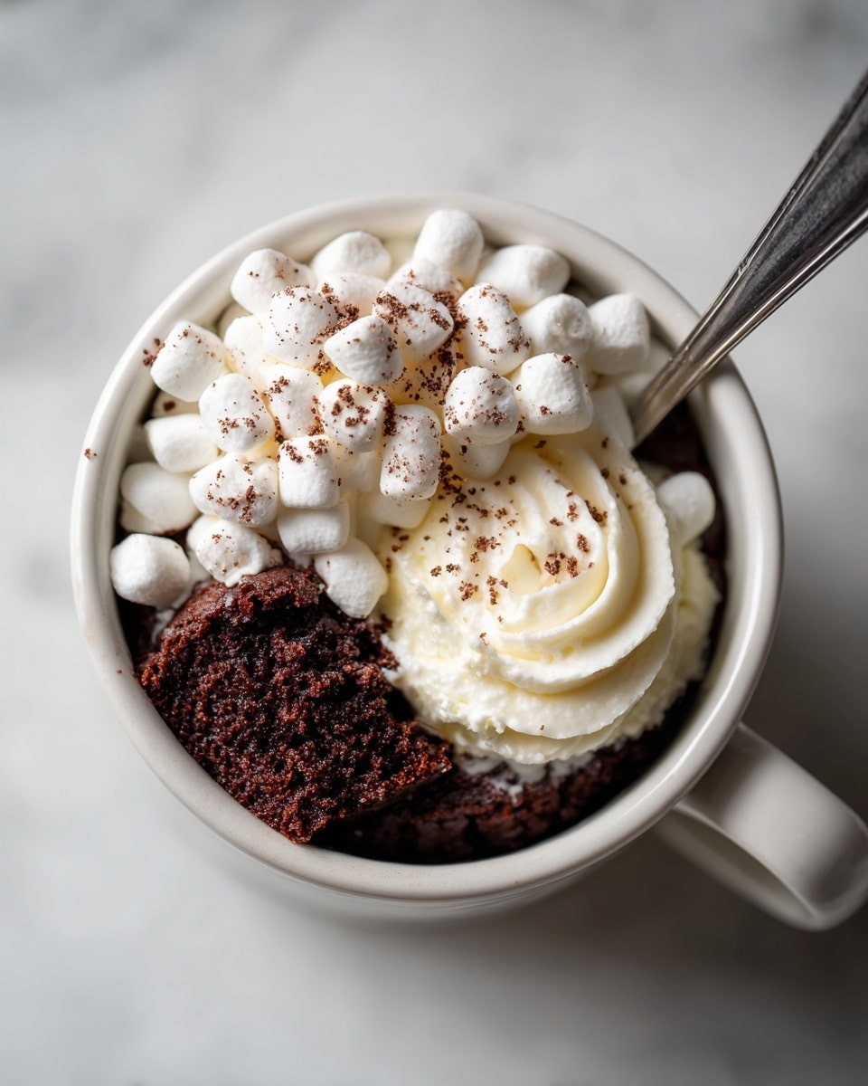 The image shows a white cup filled with a dessert that has three visible layers. The bottom layer is dark brown and looks like soft chocolate cake. Above it is a small amount of light cream that appears smooth and soft. The top layer has many small white marshmallows scattered over the cream and cake. A shiny metal spoon is placed inside the cup on the right side. The cup sits on a white marbled surface with some chocolate pieces around. photo taken with an iphone --ar 4:5 --v 7