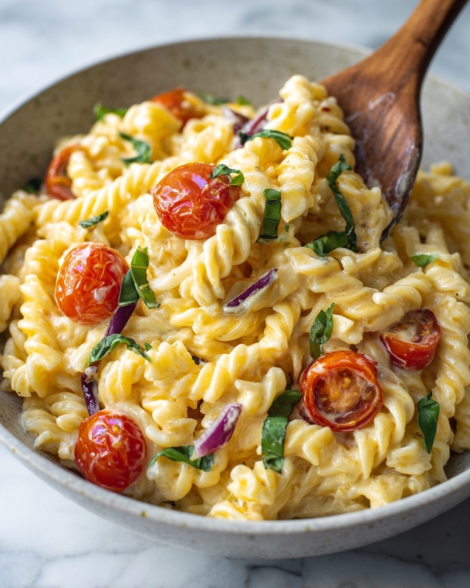 A close-up view of curly pasta mixed with a creamy light tan sauce showing a rich texture, with bright red cherry tomatoes and pieces of purple red onion scattered throughout. Fresh green basil leaves add a pop of color on top. A wooden spoon is partially visible among the pasta, all placed on a white marbled surface. photo taken with an iphone --ar 4:5 --v 7
