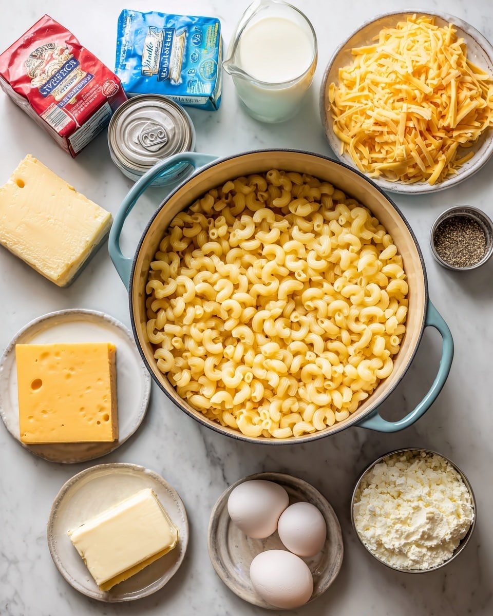 The image shows a pot of cooked elbow macaroni pasta with a light yellow color sitting on a white marbled surface. Surrounding the pot are ingredients needed for a creamy macaroni and cheese dish: several blocks of shredded or sliced cheeses in colorful packaging, a container of sour cream with a blue lid, a small jar of ground black pepper, a plate with two raw eggs and a white pat of butter, a can of evaporated milk, and a glass of milk. A woman's hand is not visible but implied in the careful arrangement of the ingredients. Everything is laid out neatly and brightly on the white marbled surface, with focus on the warm yellow pasta and the colorful cheese packets. photo taken with an iphone --ar 4:5 --v 7