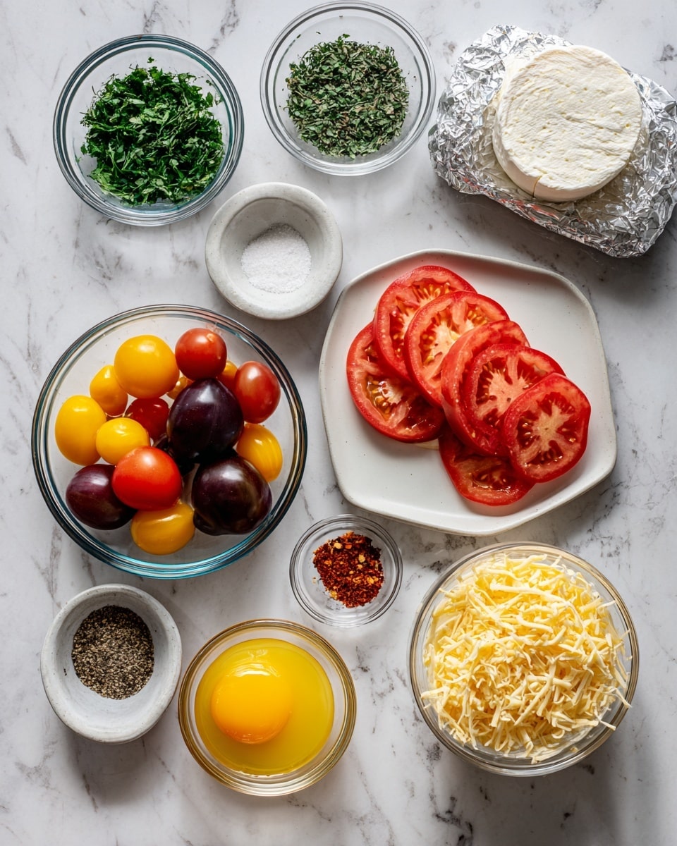 The image shows several small clear glass bowls arranged on a white marbled surface. Starting from left to right, there is a small bowl of chopped green herbs, a small bowl of salt, a medium bowl of halved colorful cherry tomatoes including red, yellow, and dark purple, a medium bowl of beaten eggs with a bright yellow color, a small bowl of salt, a small bowl of red pepper flakes, and a small bowl of ground black pepper. On the right side, there is a white plate with three slices of red tomato and three slices of yellow tomato stacked together. Above the plate is a round piece of white cheese in silver foil, and next to it is a long, cylindrical wrapped item in clear plastic. On the far right, a medium bowl of shredded yellow cheese is positioned. Photo taken with an iphone --ar 4:5 --v 7
