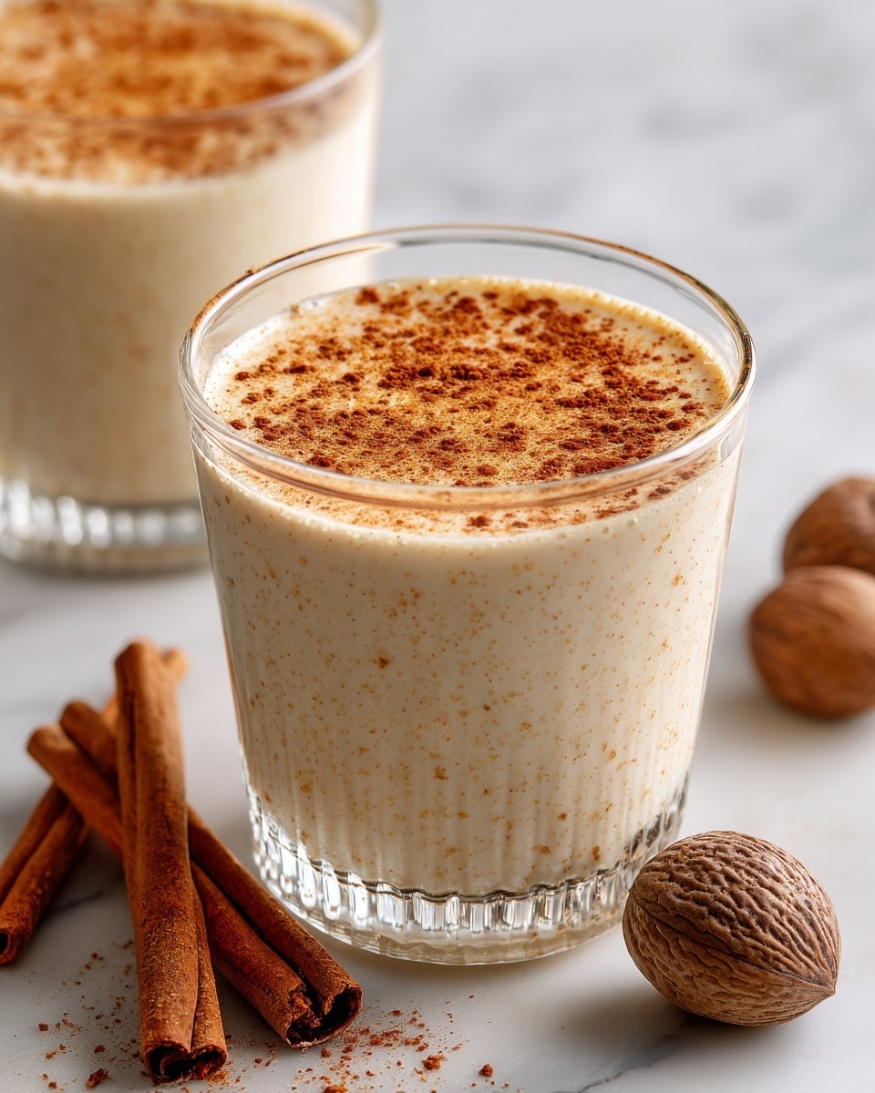 A clear glass filled with a light beige creamy drink, topped with a sprinkle of fine brown spices, sitting on a white marbled surface. In front of the glass, there is a single nutmeg seed and two cinnamon sticks are placed next to it, both showing a natural brown wooden texture. Another glass of the same drink is blurred in the background. The overall color tone is soft and warm, highlighting the creamy texture and spice details on top. photo taken with an iphone --ar 4:5 --v 7