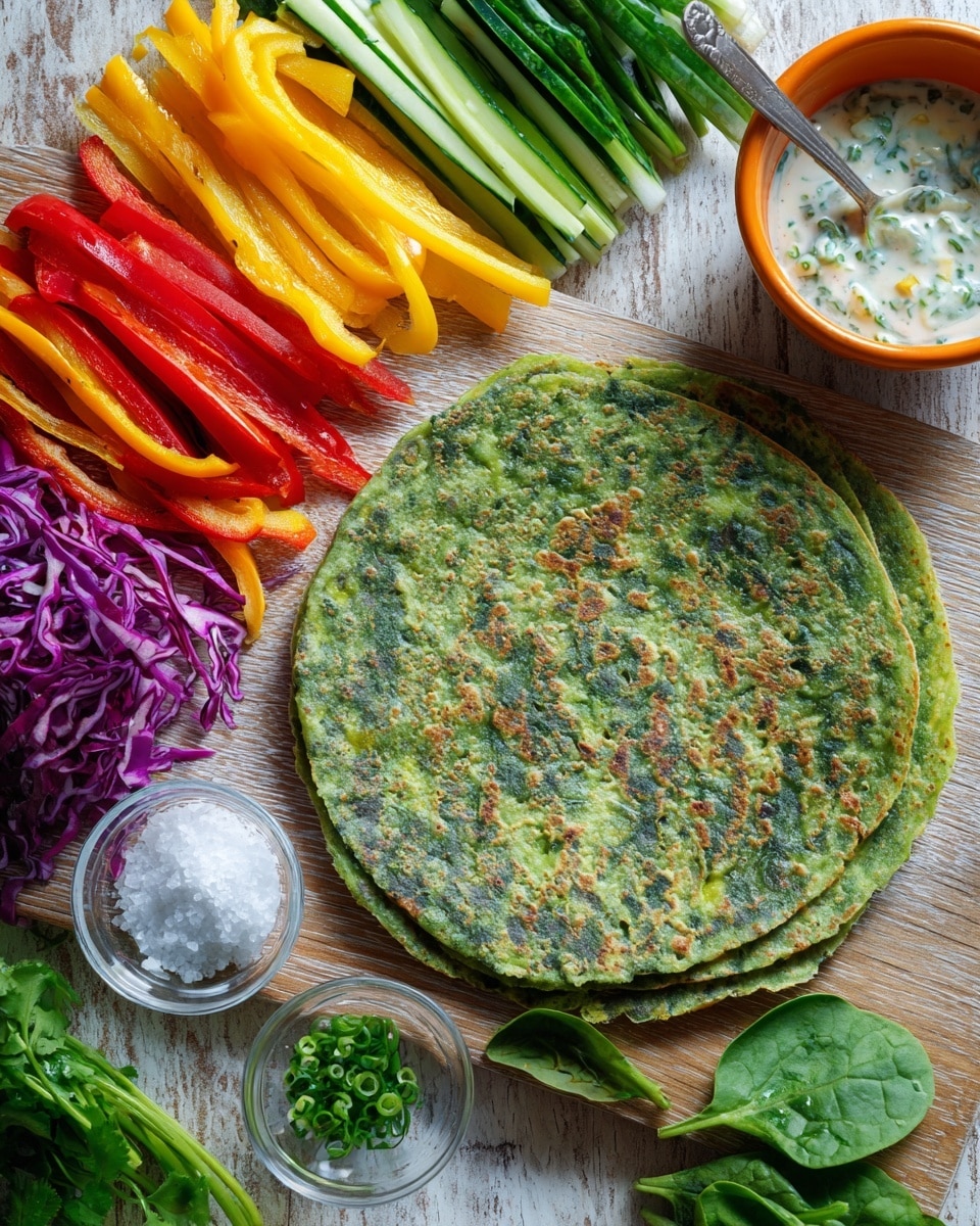 A green spinach tortilla lies flat in the lower right area on a wooden surface, surrounded by colorful vegetable strips arranged in neat rows on the left and top sides. From left to right, there are thin orange, red, and yellow bell pepper strips, followed by green cucumber sticks, and fresh green spinach leaves. Below the vegetables, there is a small glass bowl of white salt beside purple shredded cabbage. Near the bottom left corner, fresh green herbs rest alongside a small glass bowl with chopped chives. At the top right, an orange bowl holds a creamy white sauce with green bits, accompanied by a spoon. The background is a white marbled texture photo taken with an iphone --ar 4:5 --v 7