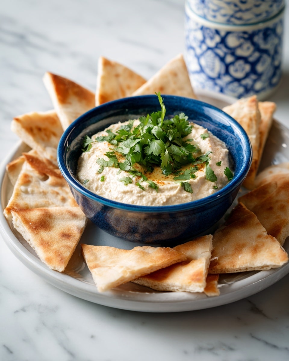 A deep blue bowl filled with a thick, creamy beige dip, smooth in texture with a few soft peaks, topped with a small bunch of bright green cilantro leaves in the center. Surrounding the bowl are many stacked pieces of light brown, crispy flatbread that have a slightly toasted look and rough texture. The bowl and flatbread rest on a surface with a white marbled texture. Photo taken with an iphone --ar 4:5 --v 7