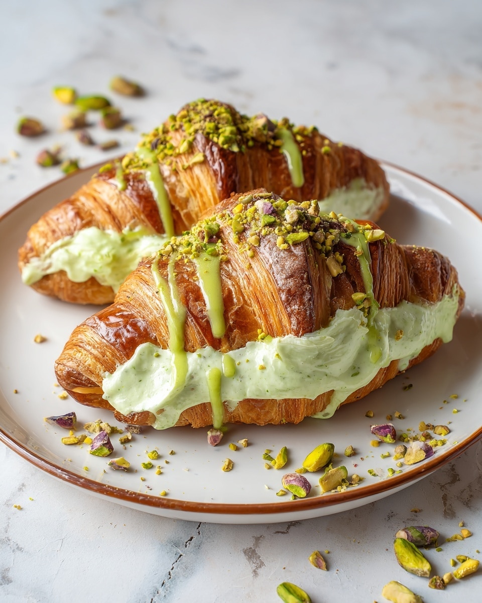 Two croissants placed side by side on a white plate with a thin brown edge, sitting on a white marbled surface. Each croissant has three visible layers: the crisp, golden brown flaky outer pastry, a thick middle layer of light green pistachio cream piped generously and slightly oozing out from the sides, and a drizzle of smooth, darker green pistachio sauce on top. Crushed pistachio nuts are sprinkled over the cream and sauce, adding texture and bits of green and purple-brown color. Small crumbs and pistachio pieces are scattered on the plate around the croissants. photo taken with an iphone --ar 4:5 --v 7
