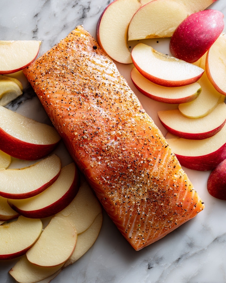 A single large piece of seasoned pink salmon fillet sits in the middle of a white marbled surface, surrounded by many slices of apple with red and yellow skin. The salmon is covered with small black seasoning particles on its smooth surface. The apple slices form a thick, uneven border around the fish, showing their light cream-colored flesh and touching each other closely photo taken with an iphone --ar 4:5 --v 7