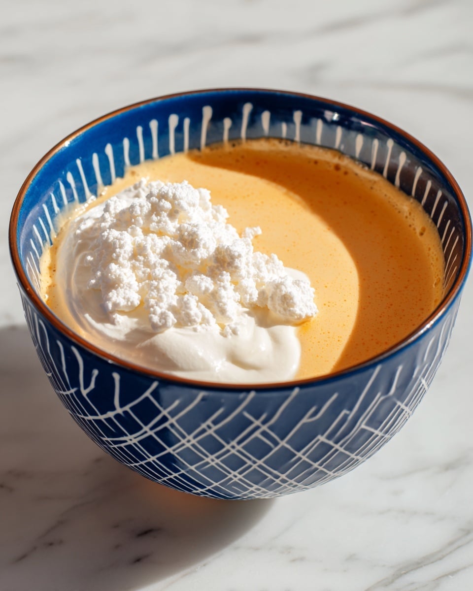 A close-up image shows a blue bowl with white geometric lines on the outside, filled with two visible layers of ingredients. The bottom layer is a smooth, light orange liquid, and the top layer is a thick, white, slightly crumbly texture placed on one side. The bowl is placed on a white marbled surface, and the lighting highlights the contrast between the creamy white and the pale orange colors inside the bowl photo taken with an iphone --ar 4:5 --v 7