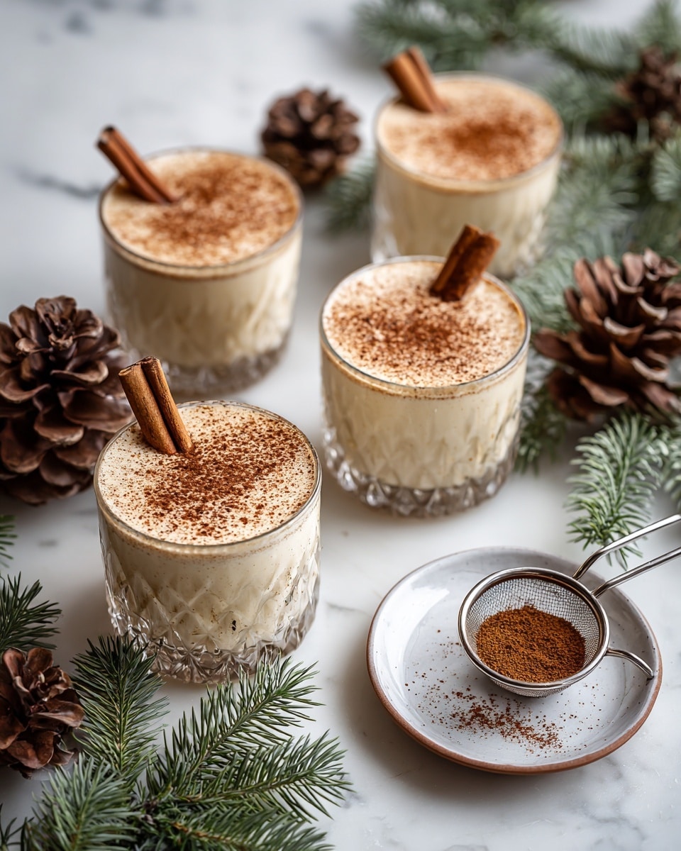 The image shows four clear glass cups filled with a creamy light beige drink, each topped with a layer of fine brown powder and a whole cinnamon stick laid across the rim. The cups are placed on a white marbled surface with visible wood panel lines. In the upper right, a white plate holds a metal sieve containing brown powder, resting on dark green pine branches spread underneath. Two brown pine cones are also placed on the surface, one near the plate and one near the bottom right corner, adding a rustic and festive touch. The photo taken with an iphone --ar 4:5 --v 7