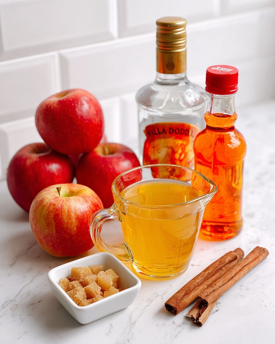The image shows a clear glass measuring cup filled with bright golden apple juice, placed in the center on a white marbled surface. Behind it, there are three fresh red apples on the left side and a tall clear bottle of vanilla vodka with a gold label in the middle. To the right of the vodka bottle is a shorter, clear bottle of fireball with a bright orange liquid and a red cap. In front of the apples and jars, on the lower left side, is a small white square dish holding light brown sugar clumps mixed with bright cinnamon powder. On the right lower side, two brown cinnamon sticks lie next to the measuring cup. The background consists of clean white tiles. photo taken with an iphone --ar 4:5 --v 7