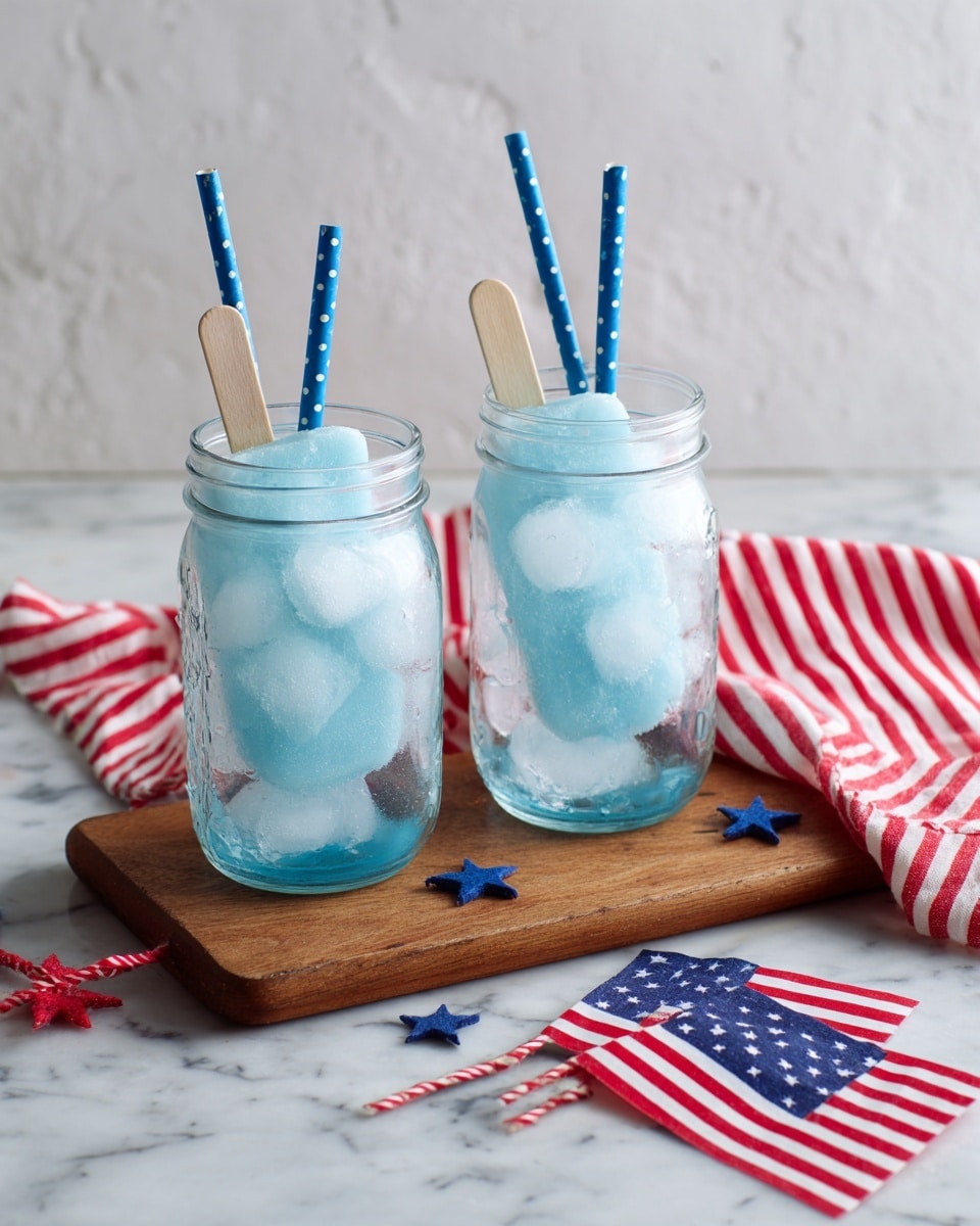Two clear glass jars filled with ice and water sit on a wooden board over a white marbled surface. Each jar contains a small popsicle with a wooden stick, one red and one blue, partially submerged in the icy water. Two blue straws with white polka dots stand tall in each jar. A red and white checked cloth lies draped behind the jars, while two small American flags rest in the foreground. The background is plain white. Photo taken with an iphone --ar 4:5 --v 7