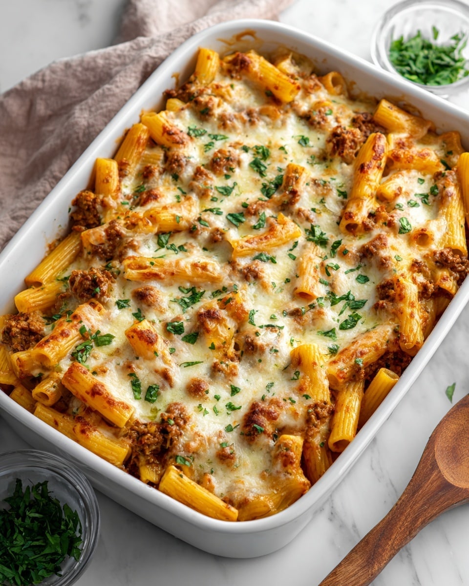 A white rectangular baking dish filled with baked penne pasta mixed with a hearty meat sauce. The pasta is covered with a layer of melted, lightly browned cheese that has a creamy and slightly golden texture. Small pieces of cooked ground meat and bits of tomato can be seen evenly spread throughout the dish, adding a rich reddish-brown and red color. Fresh green basil leaves are scattered on top as a garnish, creating a bright contrast against the cheese. The dish is placed on a white marbled surface next to a bowl of chopped green herbs and a wooden spoon, capturing a cozy and inviting meal moment photo taken with an iphone --ar 4:5 --v 7