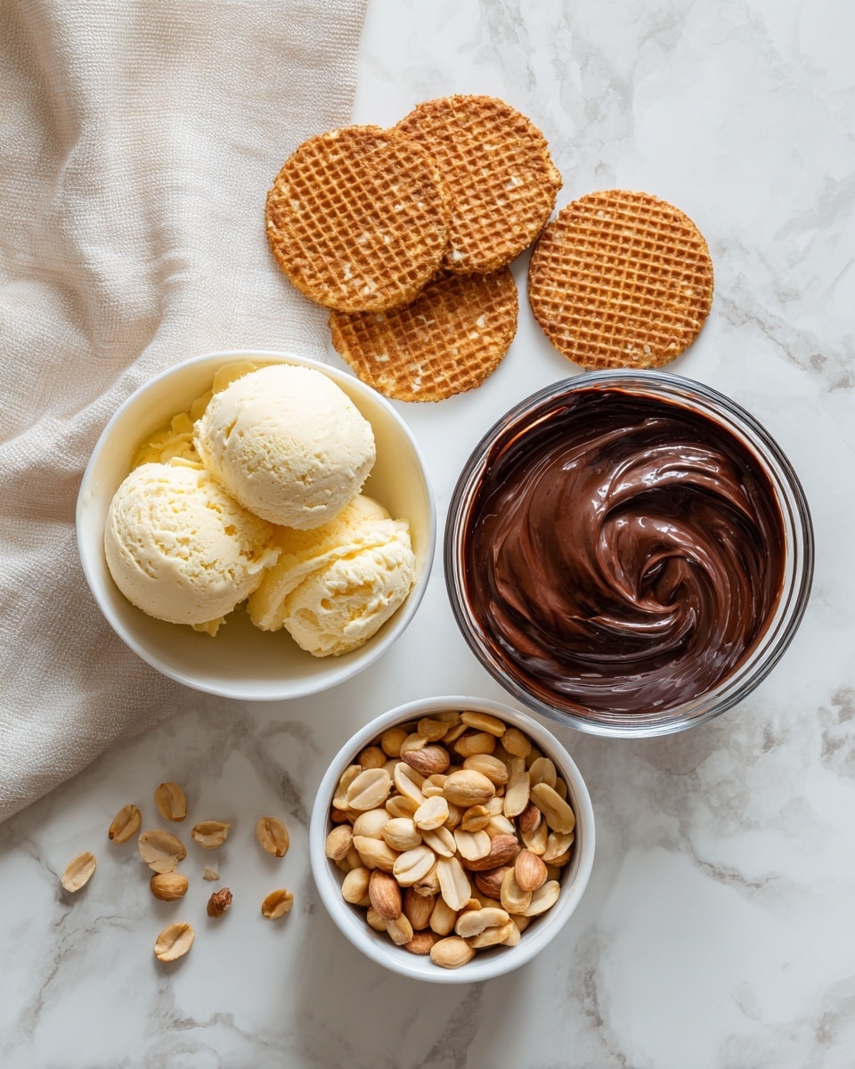 The image shows a top view of ingredients for making a dessert on a white marbled surface. There are five round stroopwafels with a brown waffle pattern arranged near the center. To the right, a clear glass bowl contains smooth, dark brown chocolate sauce swirled on top. Below, a small white bowl is filled with light brown roasted peanuts, and to the left, there is a white container holding pale yellow ice cream with a textured surface. A beige cloth with light wrinkles is partly visible in the top left corner of the image. photo taken with an iphone --ar 4:5 --v 7