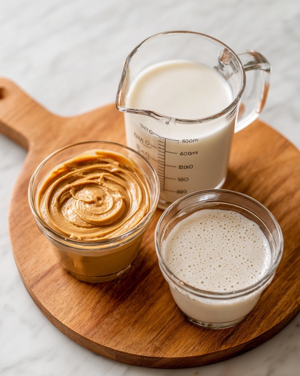 The image shows a round wooden board placed on a white marbled surface, holding three clear glass measuring cups with different contents. On the left, a small glass cup is filled with smooth, light brown peanut butter, filling the cup fully and showing shiny swirls on the surface. To the right and slightly behind, a larger glass measuring cup holds white milk up to nearly the top, showing clear measurement markings on the glass. In front and slightly to the left of the tall cup, a smaller glass measuring cup is filled with a lighter cream-like liquid with small bubbles on the surface. The wooden board handle points to the upper right corner of the image. photo taken with an iphone --ar 4:5 --v 7