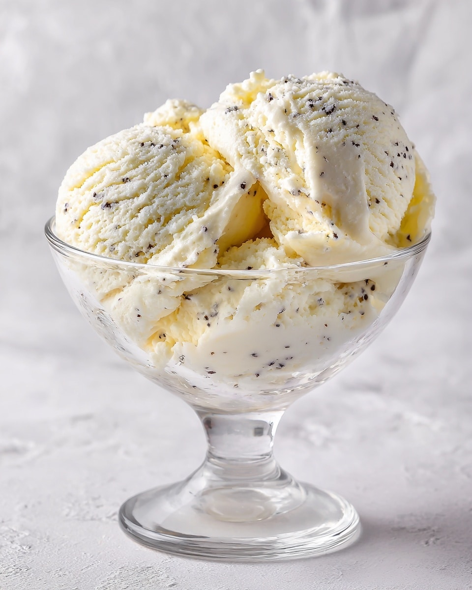 A clear glass dessert cup holds a single large scoop of creamy vanilla ice cream with visible tiny vanilla bean specks spread evenly throughout. The ice cream texture looks soft and smooth, with a slight melting drip on the side. The cup stands on a wooden surface, and the background is softly blurred with another similar glass cup filled with the same vanilla ice cream. The scene is lit gently showing the creamy details of the ice cream. photo taken with an iphone --ar 4:5 --v 7