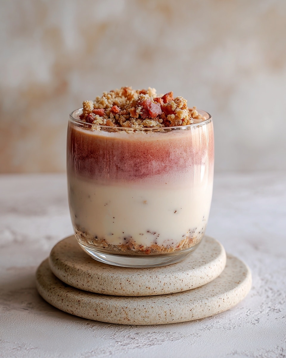 A clear glass filled with three layers is shown. The bottom and middle layers are thick and creamy off-white with tiny dark specks. Between these creamy layers, there is a crunchy light brown and reddish crumbly layer. The top layer is a generous pile of the same crumbly mixture, covering the cream fully with a rough texture. The glass sits on two stacked hexagonal marble pieces on a white marbled surface, with a soft blurred background. photo taken with an iphone --ar 4:5 --v 7