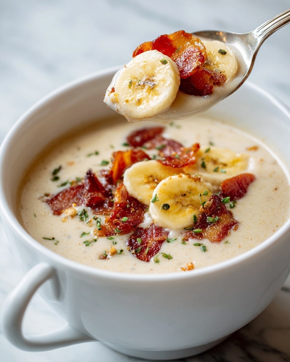 A close-up view of a creamy soup with a thick white base, showing small chunks of yellow potatoes and light brown bits of bacon, sprinkled with tiny green parsley pieces throughout. The soup is served in a white bowl with a blue rim, and the spoon holds a scoop of the soup, showing the creamy texture and bits of bacon and potatoes clearly, with some round slices of cooked banana visible in the bowl under the soup. The background is a white marbled texture. Photo taken with an iphone --ar 4:5 --v 7