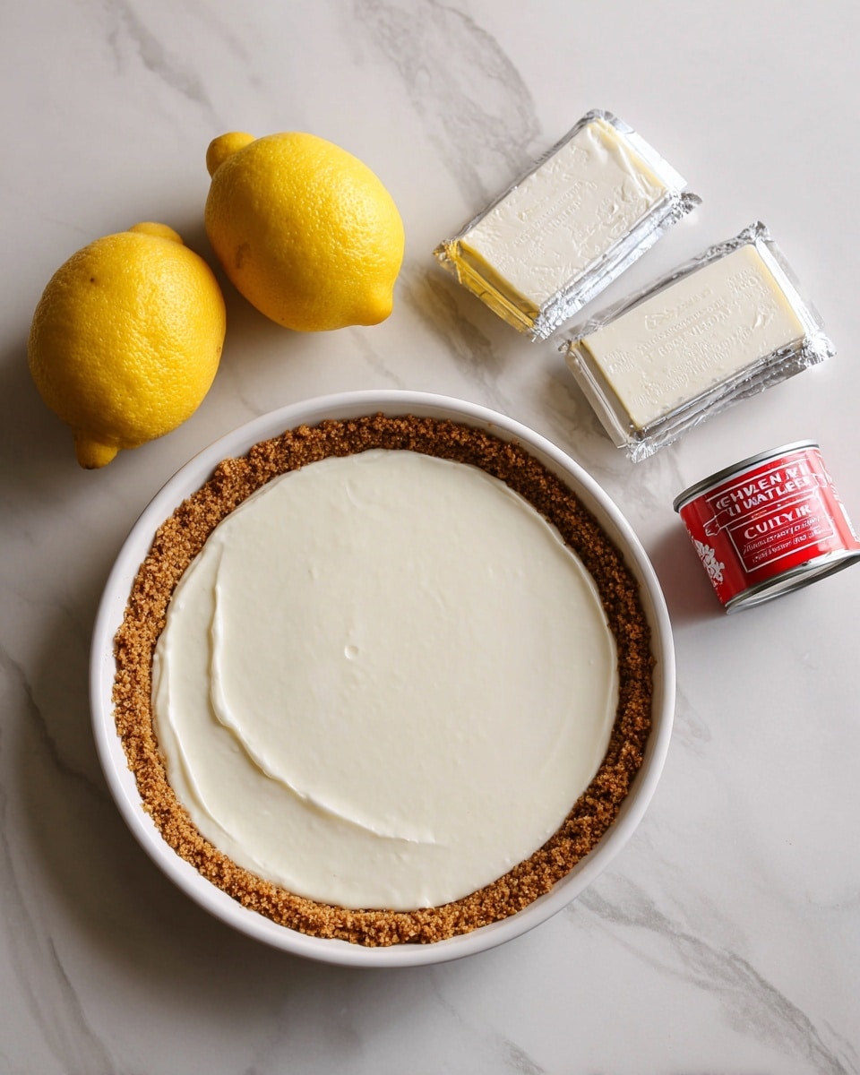 A white round pie pan with a graham cracker crust sits on a white marbled surface, surrounded by three bright yellow lemons with smooth skins, two rectangular blocks of cream cheese in silver and white packaging, and a small can of sweetened condensed milk with a red and white label. All items are clearly arranged and evenly spaced on the smooth white marbled surface. photo taken with an iphone --ar 4:5 --v 7