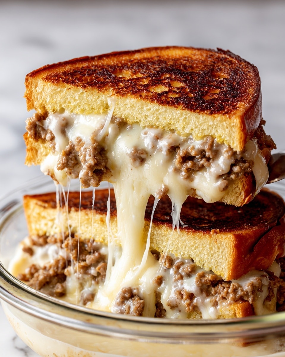 A close-up view of a sandwich showing three clear layers: the top layer is a golden brown toasted bun with a slightly rough texture; the middle layer is a creamy melted cheese with a smooth, shiny, and stretchy texture; the bottom layer is a mix of cooked ground meat in light brown color visible under the cheese, resting on the bottom half of the bun which is soft and lightly toasted. The sandwich is being lifted from a glass dish with a metal spatula, all set on a white marbled surface. Photo taken with an iphone --ar 4:5 --v 7