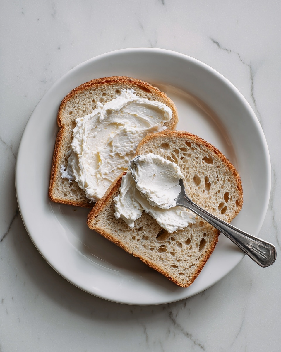 Two slices of light brown bread with holes and a soft texture are placed on a white plate. On the top slice, there is a thick dollop of white creamy spread. A shiny metal spoon is pressing into the spread, positioned diagonally across the bread. The plate is set on a white marbled surface. photo taken with an iphone --ar 4:5 --v 7