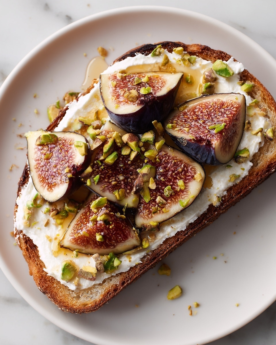 A single slice of toasted bread with a light golden crust is spread thickly with a creamy white layer of ricotta cheese. On top, there are dark purple-red fig pieces showing their textured and seeded inside, scattered evenly. Small green pistachio chunks are sprinkled between the figs, adding a pop of color. A light golden honey drizzle glistens over the figs, pistachios, and cheese, giving a shiny finish. The toast is placed on a white plate that rests on a white marbled surface. photo taken with an iphone --ar 4:5 --v 7