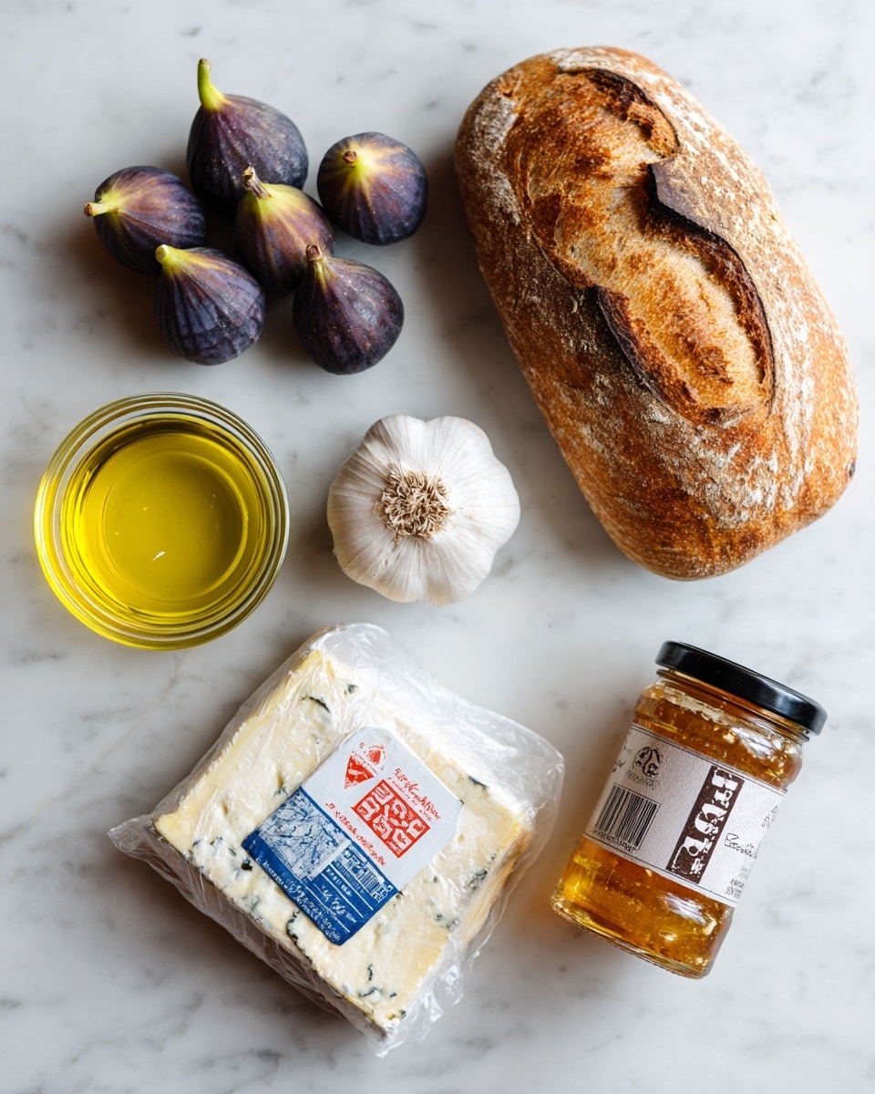 The image shows six different food items placed on a white marbled surface. At the top right, there is a whole loaf of golden brown bread with a crusty texture and some darker toasted lines. To the left of the bread, there is a small bunch of fresh figs with dark purple-blue skin and some green on the stems. Below the figs is a small transparent glass container filled with bright yellow olive oil. Near the center right, below the bread, a wedge of brie cheese is wrapped in white paper with a blue and red label on top. Bottom left shows a white garlic bulb with a slightly rough texture. Bottom right has a glass jar of hot honey with a label in white, red, and black, and a black lid. photo taken with an iphone --ar 4:5 --v 7