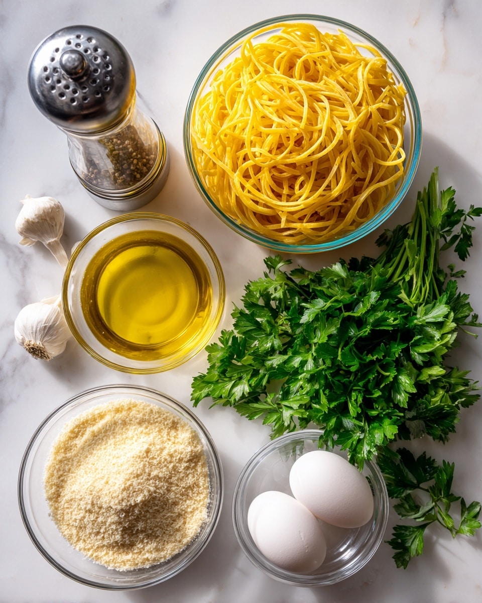 The image shows six main items arranged on a white marbled surface. On the top right, there is a clear container filled with yellow cooked noodles, tightly packed. To the left of the noodles, fresh green parsley leaves spread out loosely. Below the parsley, there is a tall pepper grinder with small pepper grains inside. In the center, a small clear bowl holds golden yellow olive oil. Below the oil, a white garlic bulb rests with its papery skin intact. To the right, two white eggs sit side by side inside a clear bowl. Lastly, at the bottom left, a clear bowl contains a light beige grated cheese with a slightly powdery texture. The scene is well-lit, showing the natural colors and texture of each ingredient, photo taken with an iphone --ar 4:5 --v 7
