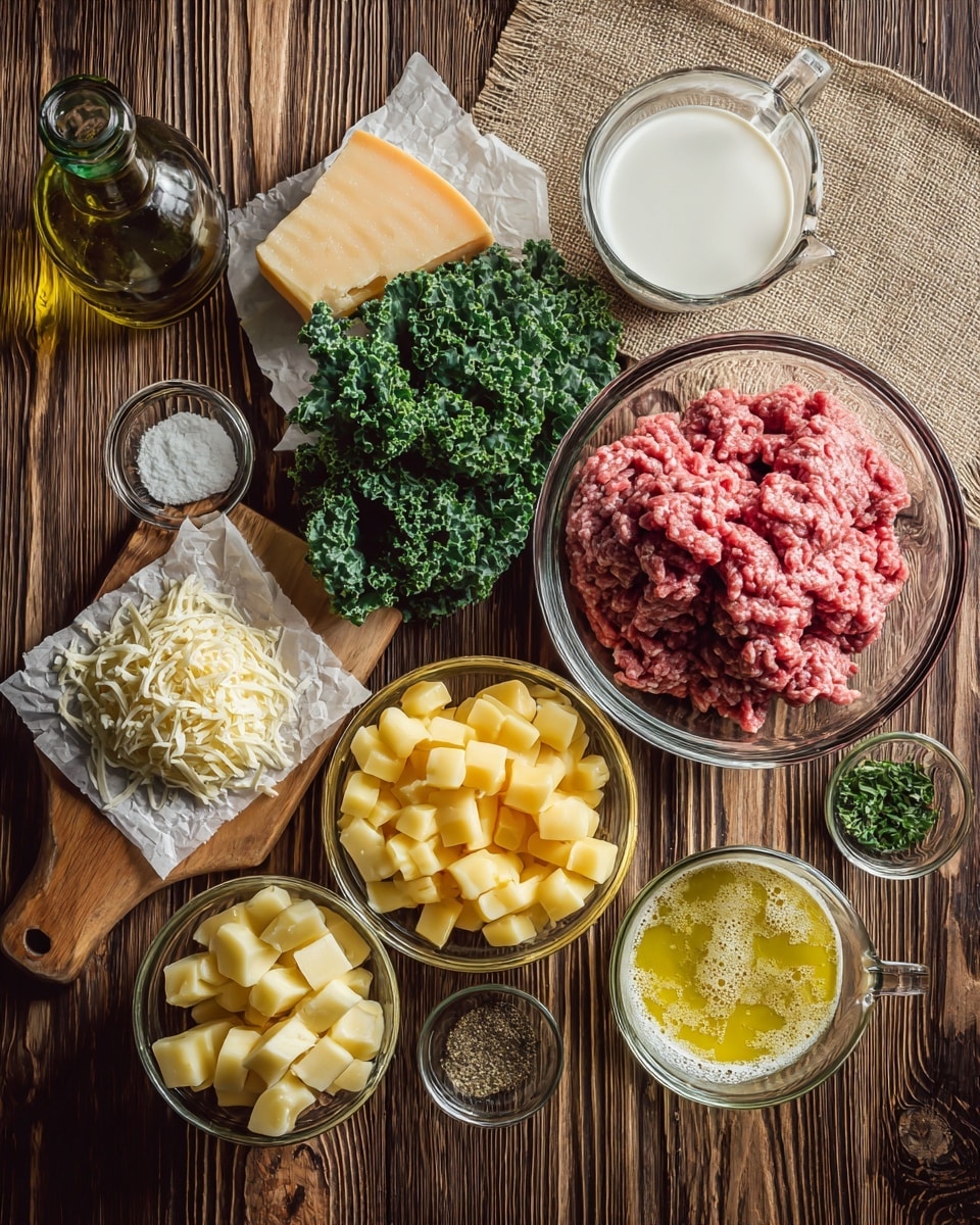 A top view of various cooking ingredients arranged on a dark wooden surface with a piece of burlap cloth in one corner. There is a large clear glass bowl of raw ground meat showing pink and red chunky texture at the center-right. Above it, a glass measuring cup filled with white milk. At the bottom right, a clear glass measuring cup with yellow melted butter with some bubbles. Below the meat bowl, a smaller glass bowl filled with bright yellow diced potatoes. To the left, a small pile of shredded white cheese is placed on a piece of white parchment paper on a wooden cutting board, with a wedge of pale yellow hard cheese above it. Above the cheese, there is a clear glass bowl filled with fresh curly green kale leaves. Scattered around are three small clear bowls with dry spices: black pepper, salt, and a green herb mix. A big glass olive oil bottle sits at the top left. All items are set against a white marbled textured surface. photo taken with an iphone --ar 4:5 --v 7