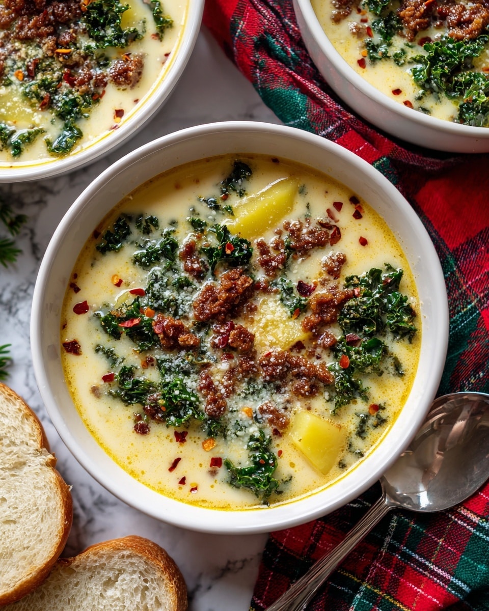 A white bowl filled with a creamy soup showing three main layers: large pieces of yellow potato at the base, bright green leafy kale scattered throughout, and small crumbles of browned ground meat on top, all mixed in a light creamy broth with visible oil spots and sprinkled with shredded white cheese and small red chili flakes. The bowl is placed on a dark wooden surface with a red and white checkered cloth beside it and slices of crispy bread in the background. A silver spoon rests near the bowl. photo taken with an iphone --ar 4:5 --v 7