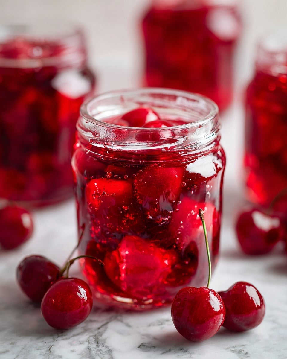 The image shows a close-up of three small clear glass jars filled with bright red cherry jelly, each jar tightly sealed at the top with the jelly visible inside. The jelly has a shiny, smooth texture with whole cherries and small chunks suspended within, giving a layered, translucent look that reflects light. In front of the jars, two whole fresh cherries with smooth, shiny red skin sit on a white marbled surface. A white utensil handle lays near the cherries, complementing the clean, fresh presentation of the jelly jars. The background is softly blurred to keep focus on the jars of jelly. photo taken with an iphone --ar 4:5 --v 7