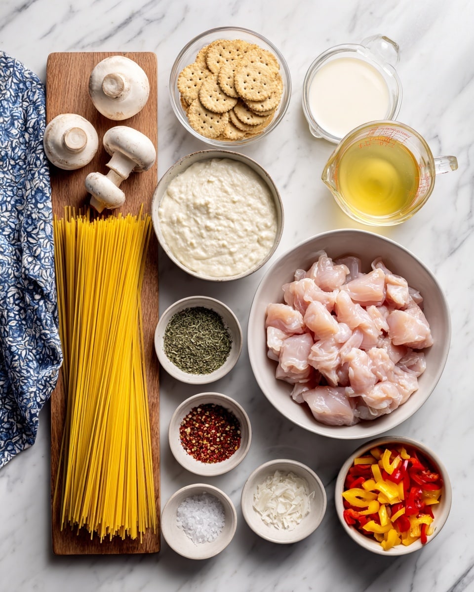 A top view of cooking ingredients arranged neatly on a white marbled surface, showing a bundle of uncooked yellow spaghetti laid out vertically on a wooden cutting board with three small bowls of green dried herbs aligned below it. To the right, a large white bowl filled with raw pale pink chicken pieces is placed next to a clear glass measuring cup with yellow liquid. Above these are three clear bowls; one holds a white creamy sauce, one with a creamy textured beige mixture, and one with round golden crackers. On the left side, there’s a small bowl with white milk or cream, two small white mushrooms, a blue and white patterned kitchen towel, and a bowl with diced red and yellow bell peppers. At the bottom, smaller bowls contain minced garlic, red chili flakes, and white salt arranged in a row. photo taken with an iphone --ar 4:5 --v 7