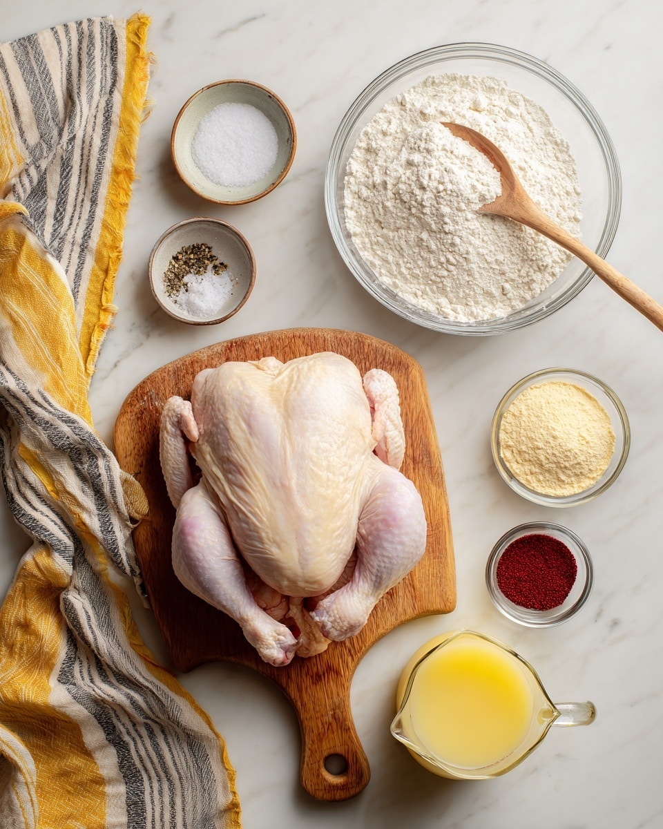 A whole raw chicken with pale pink skin sits centered on a small wooden cutting board with a handle, placed on a white marbled textured surface. Above the chicken is a large clear glass bowl filled with white flour and a wooden spoon resting inside it. To the top left of the chicken, there are two small clear glass bowls with white salt and black pepper. A striped cloth with yellow, gray, and white lines is visible on the far left edge of the image. To the right of the chicken, a clear glass measuring cup filled with white buttermilk is near two more small clear glass bowls containing a beige powder and a bright red spice. There's also a clear glass pitcher filled with a light yellow liquid placed on the bottom right side of the chicken. photo taken with an iphone --ar 4:5 --v 7