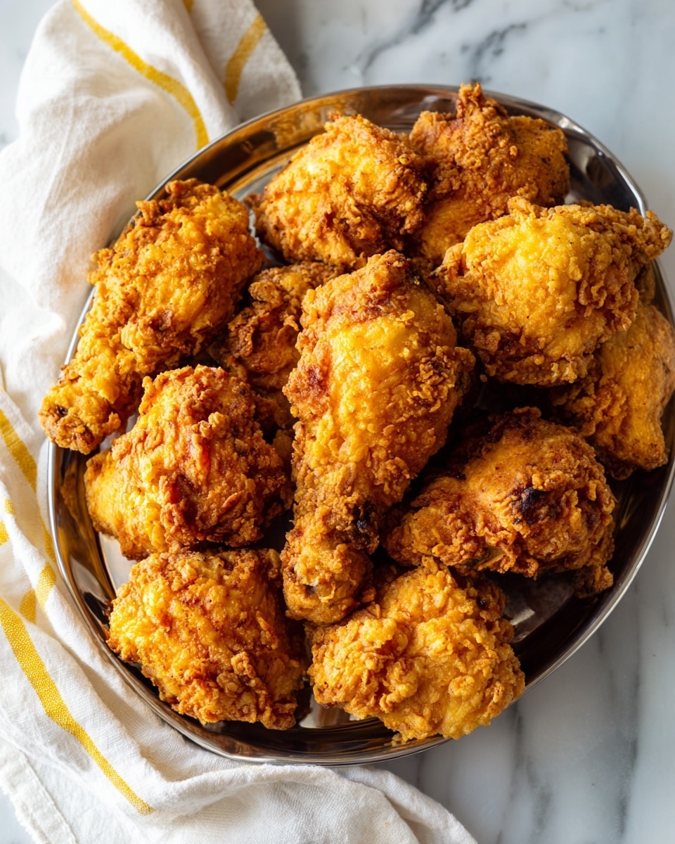 Several pieces of fried chicken are scattered on a silver baking tray lined with a textured paper. The fried chicken varies in shape and size, each with a crispy, bumpy golden-brown crust. The colors range from light golden to a deeper brown where the crust has cooked more. The texture looks crunchy and rugged with some small darker spots. The tray sits on a surface with a white marbled texture, and a cloth with yellow, white, and gray stripes is partially visible at one corner. photo taken with an iphone --ar 4:5 --v 7