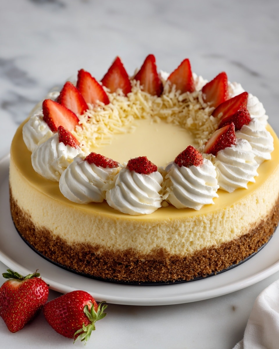 A round cheesecake with a thick brown crust forms the base layer. The middle layer is a smooth, creamy pale yellow cheesecake filling. The top layer has white whipped cream piped in large swirls evenly around the edge. Each whipped cream swirl is topped with a small, bright red slice of strawberry. In the very center, there is a pile of white chocolate shavings scattered loosely. The cheesecake sits on a white plate placed on a white marbled surface, with a few extra strawberry slices nearby. Photo taken with an iphone --ar 4:5 --v 7