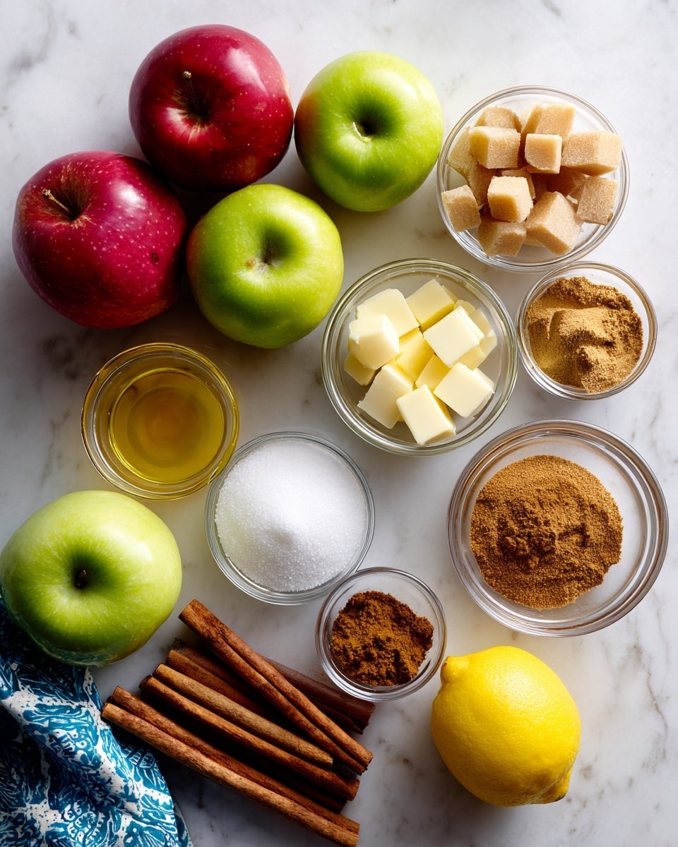 The image shows a flat lay of fresh cooking ingredients arranged on a white marbled surface. There are seven whole apples in red, green, and yellow colors scattered across the frame. Small clear glass bowls hold various items, including white granulated sugar, brown sugar, cubed butter, a pale yellow liquid, and several ground spices in warm brown tones. There are also two cinnamon sticks placed among the ingredients and a bright yellow lemon at the right side. A blue patterned cloth is partially visible on the left edge. The overall look is clean, bright, and colorful with a natural feel. Photo taken with an iphone --ar 4:5 --v 7