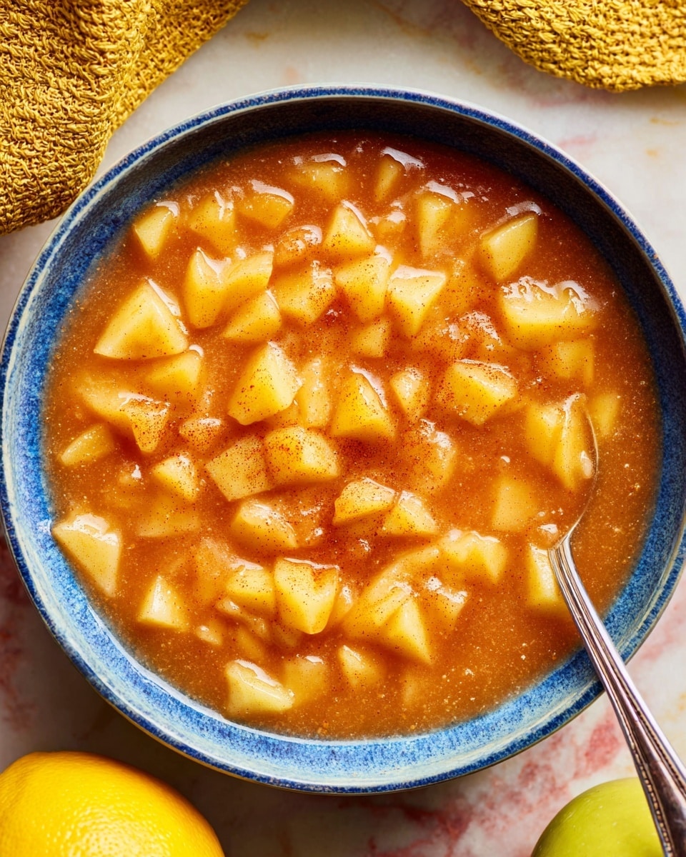 The image shows a bowl filled with a warm, golden syrupy liquid with soft, light yellow apple pieces fully covered in the syrup. The bowl is ceramic with a dark blue rim, and a silver spoon is dipped inside from the top right side. The syrup glistens with a smooth texture, and there are light brown cinnamon specks scattered evenly over the apple pieces. The background features a white marbled surface with a bright yellow lemon and part of a cinnamon stick visible nearby. Photo taken with an iphone --ar 4:5 --v 7