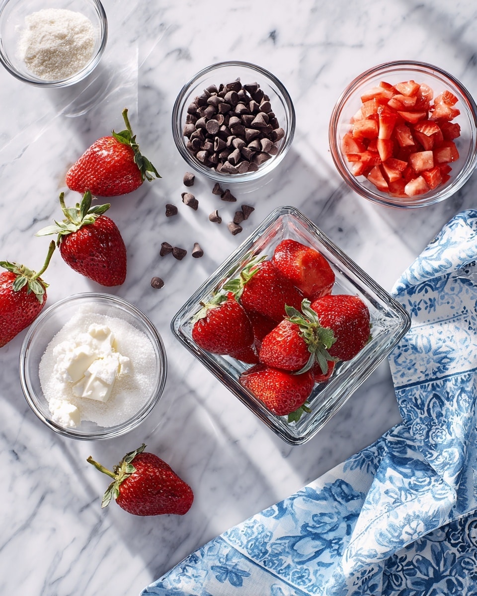 A top view of several small clear bowls and one square clear bowl arranged on a white marbled surface, with bright red whole strawberries in the square bowl and scattered around it, clear bowls containing dark brown chocolate chips, white cream, white powdery sugar, and finely chopped red strawberries. A blue and white patterned cloth is partially visible on the right side. photo taken with an iphone --ar 4:5 --v 7