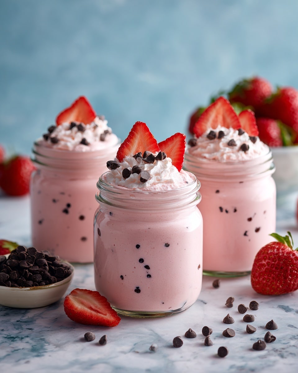 A small glass jar filled with a thick, light pink creamy dessert mixed with small strawberry pieces inside. The top layer is a swirl of whipped pink cream, decorated with fresh red strawberry slices and dark brown chocolate chips scattered over it. Around the jar, fresh strawberry halves and a few chocolate chips lie on a white marbled surface, with another similar jar and a white bowl filled with strawberries blurred in the background. photo taken with an iphone --ar 4:5 --v 7
