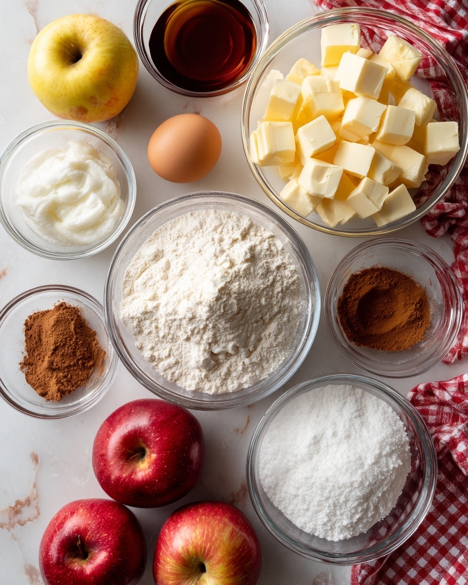 The image shows a flat lay of baking ingredients arranged on a white marbled surface. In the top left corner, there is a yellow apple next to a small glass bowl with a dark liquid. To the right, a brown egg sits beside a glass bowl filled with neatly cubed pale yellow butter. Below them, a large glass bowl has a fluffy white substance, and next to it is another large bowl filled with white flour. At the bottom of the image, three red apples with shiny skin are spaced apart, surrounding a glass bowl filled with white sugar. There are two small glass bowls with brown cinnamon powder placed near the apples, and a red and white checkered cloth is partially visible on the right side. photo taken with an iphone --ar 4:5 --v 7