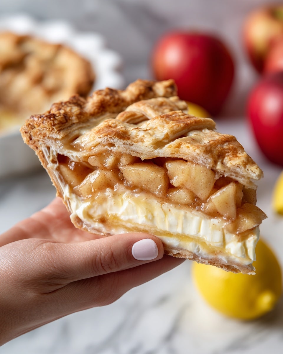 A close-up view of a slice of pie being lifted by a woman's hand from a white pie dish, showing three distinct layers: a golden brown flaky crust on top with a slightly rough texture, a middle layer filled with soft, light brown cooked apple pieces mixed with syrup, and a thick bottom layer of smooth, creamy beige filling resting on a firm golden crust base; the white marbled surface underneath the dish is lightly visible, with blurred red apples and a halved lemon in the background; photo taken with an iphone --ar 4:5 --v 7