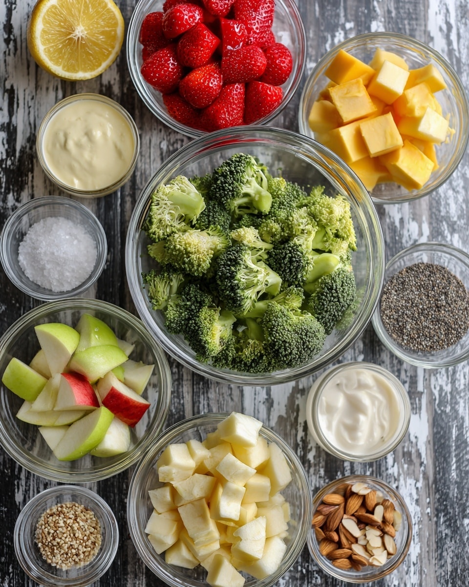 The image shows several small clear bowls with fresh, colorful ingredients on a dark wooden surface with a white marbled texture overlay. A large bowl in the center is filled with bright green broccoli florets. Surrounding it are bowls of red sliced strawberries, yellow and orange cheese cubes, pale green apple slices, and white creamy sauce. There are also some loose fresh strawberries, a halved lemon, a small bowl of white salt, a small bowl of sliced almonds, a small bowl of poppy seeds, and a small bowl of a clear liquid. The arrangement is neat and vibrant, showing fresh and healthy ingredients. Photo taken with an iphone --ar 4:5 --v 7