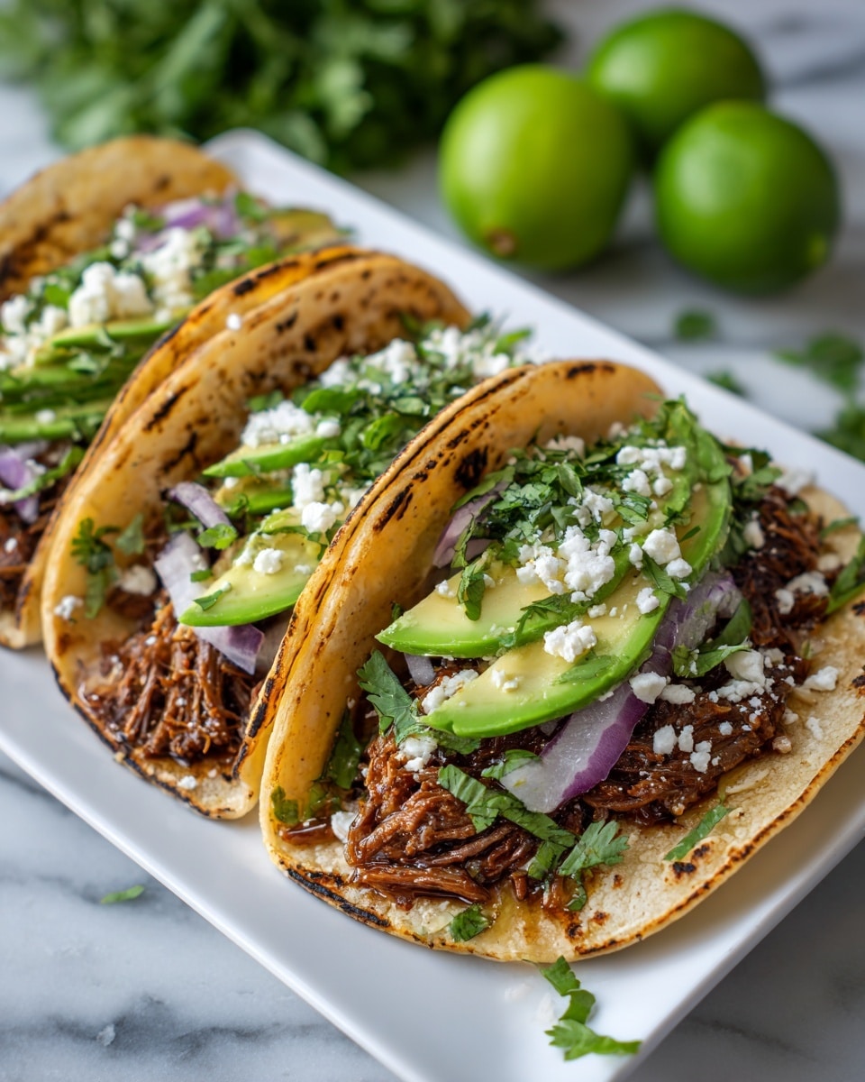 Three tacos are placed on a white rectangular plate, each made with soft, slightly charred tortillas. Inside each tortilla is a layer of shredded brown meat, topped with thin slices of light green avocado and purple onion rings. Small white cheese crumbles are sprinkled on top. The plate rests on a white marbled surface with scattered green cilantro leaves. In the background, whole green limes and fresh cilantro add a fresh touch. Photo taken with an iphone --ar 4:5 --v 7