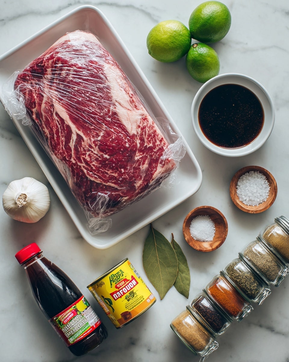 A white tray in the top left holds a large raw chuck roast with marbled red and white fat, covered in plastic wrap. To the right of the tray are two whole bright green limes and a white onion with smooth skin. Below the tray on the left, a bulb of garlic sits next to a small white bowl filled with dark molasses. To the right of the molasses bowl is a yellow can of hatch chiles and below that a small jar of chipotles in adobo sauce. Next to these, two green bay leaves are placed flat. A small wooden bowl of white salt and a small wooden bowl of black pepper are positioned side by side below the bay leaves. In the bottom left corner is a clear bottle of apple cider vinegar with a red cap. Beside that is a rectangular carton of beef broth showing dark broth on its packaging. To the far right, three glass spice jars with black round labels show oregano, paprika, and cumin in different shades of green, orange, and brown granules. All items sit on a white marbled surface photo taken with an iphone --ar 4:5 --v 7