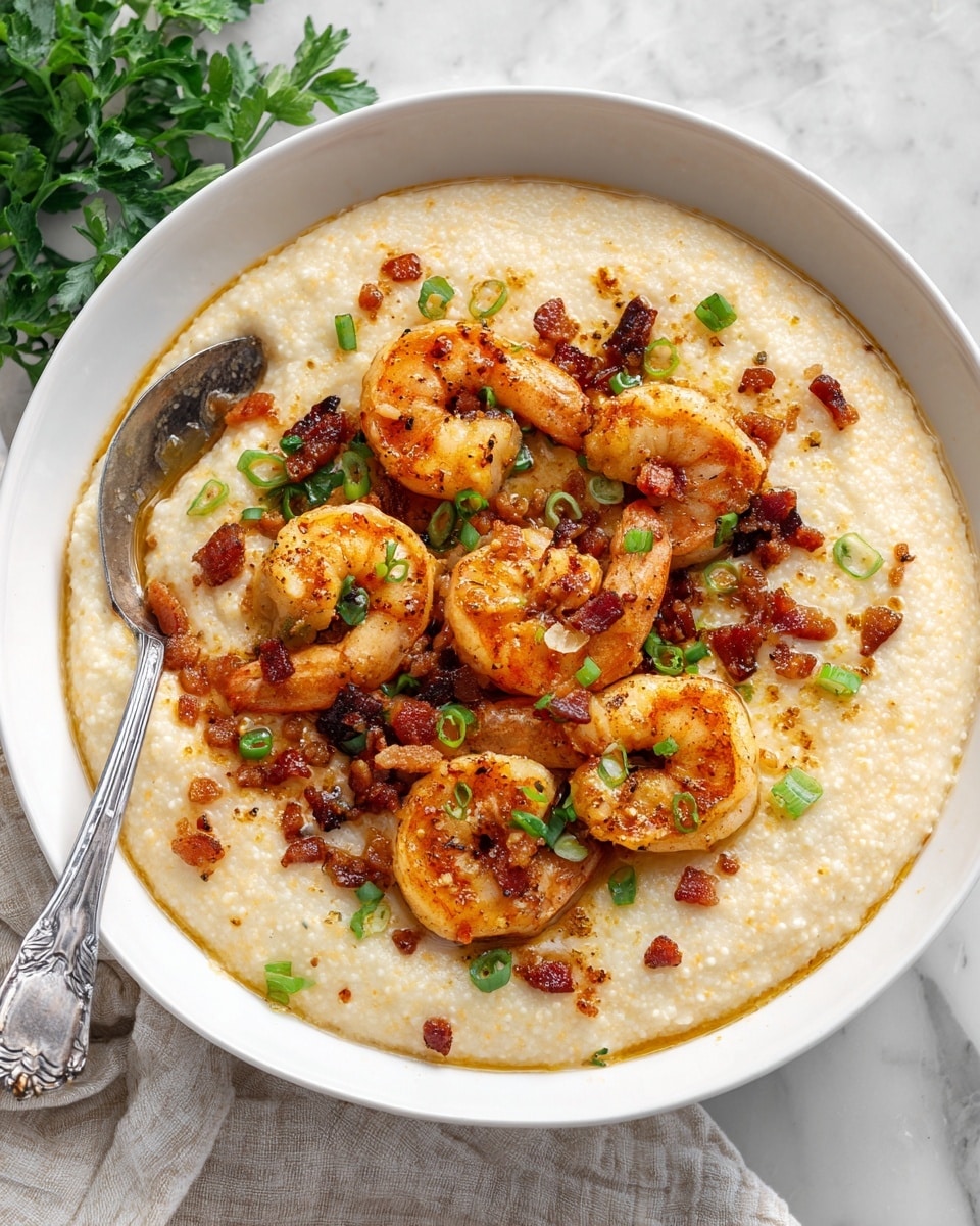 A black bowl filled with a creamy white grits base that has a smooth, slightly lumpy texture, topped with several golden-brown cooked shrimp with char marks. On top of the shrimp are small pieces of crispy brown bacon, diced red tomatoes, and lots of chopped bright green scallions scattered over everything. A silver spoon is placed inside the bowl on the left side, and the bowl is set on a white marbled surface with some green herbs partially visible in the background. photo taken with an iphone --ar 4:5 --v 7