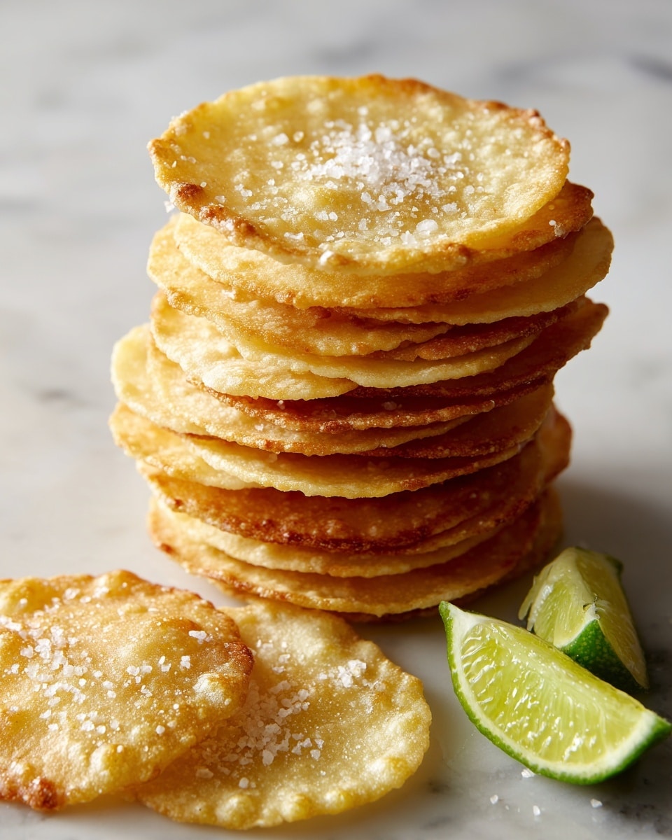 The image shows a stack of seven thin, round, golden-brown chips with a crispy texture, slightly puffed and sprinkled with coarse salt. Each chip has a lightly bubbly surface with some darker, toasted spots and a few irregular edges. Around the stack, there are several more chips spread out on a white marbled surface, also sprinkled with salt. In the background and foreground, there are bright green lime halves and fresh green cilantro leaves adding a fresh contrast to the warm tones of the chips. photo taken with an iphone --ar 4:5 --v 7