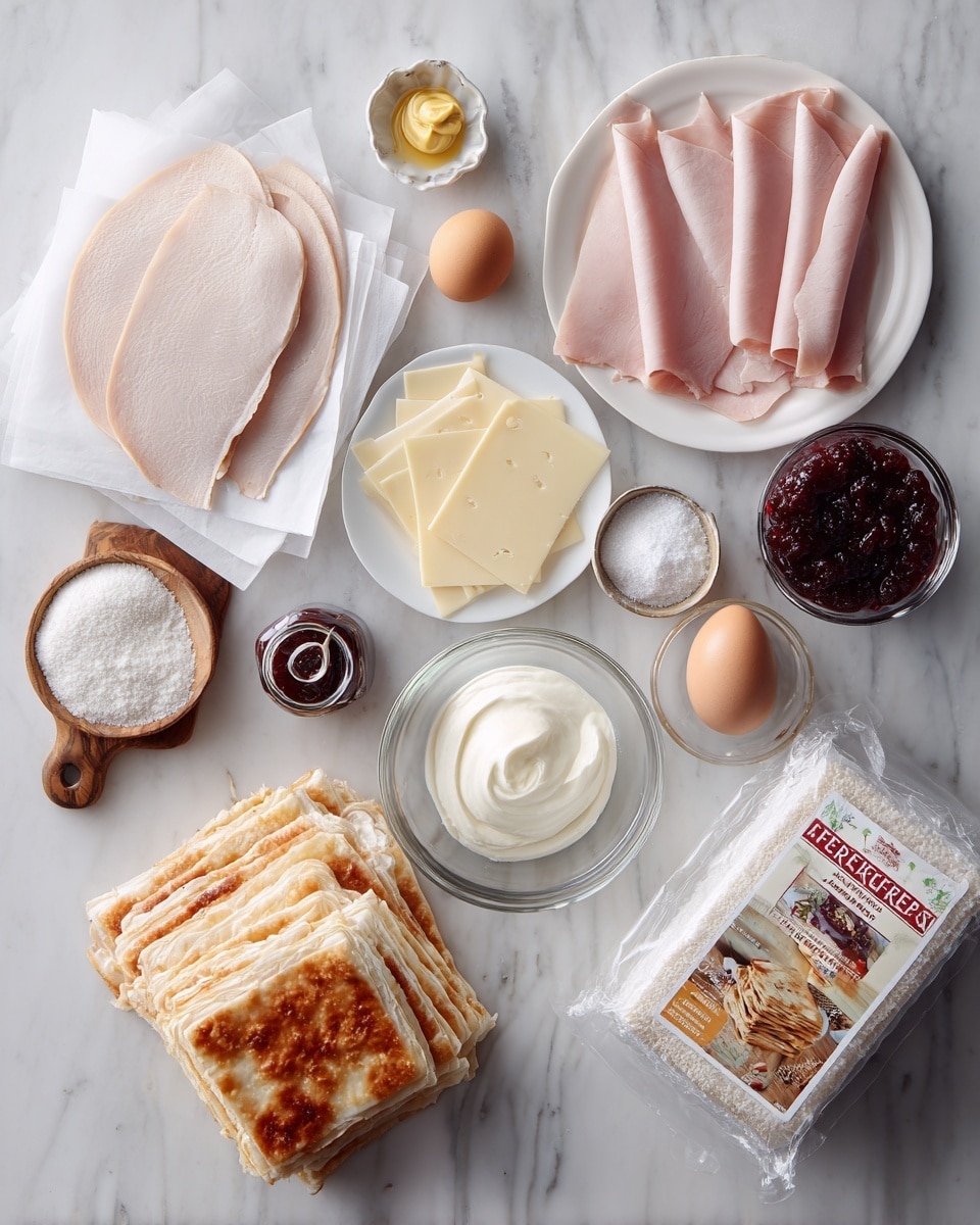 The image shows a flat lay of ingredients on a white marbled surface. Starting at the top left, there is a stack of thin, pale beige turkey slices separated by white paper. Below it, there are several light pink ham slices also separated by white paper. To the right of the turkey, there is a clear plastic package with thin, white Swiss cheese slices. In the center, a small clear bowl holds a dollop of white mayo. Around it, there are small bowls and items including Dijon mustard in a white dish, a raw brown egg, a small wooden bowl filled with white salt, a small jar with dark red raspberry jam, and a clear bowl full of white flour. At the bottom is a box of Pepperidge Farm puff pastry featuring a dessert made with layered pastry and cream. Photo taken with an iphone --ar 4:5 --v 7