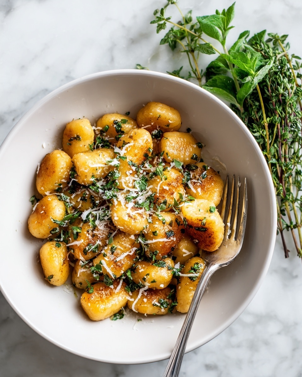 A white bowl filled with small, golden gnocchi pieces sprinkled with finely chopped dark green herbs and light grated cheese. The gnocchi have a soft, slightly browned texture, and one piece is lifted by a silver fork standing upright in the bowl. Behind the bowl, some fresh whole sage leaves add a touch of green. The bowl sits on a white marbled surface. Photo taken with an iphone --ar 4:5 --v 7
