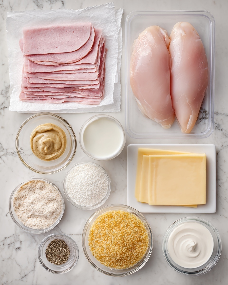 The image shows several ingredients arranged neatly on a white marbled surface. At the top left, there are several layers of thin pink ham slices stacked together on white paper. To the right, there are two large, light pink raw chicken fillets in a clear plastic tray. Below the ham, there is a small stack of pale yellow Swiss cheese slices with a slightly shiny texture. Next to the cheese, a white bowl holds a smooth dollop of mustard with a pale brown-yellow color. Beside that, a clear round container is filled with golden brown bread crumbs. Below these, a small clear bowl of white flour, a square container of finely grated pale yellow Parmesan cheese, and a small white bowl with a dollop of thick mayonnaise are arranged in a row. At the bottom, a clear round bowl of white milk, a small bowl of black pepper, and a small bowl of white salt complete the layout. All items are evenly spaced and sit on the white marbled background. Photo taken with an iphone --ar 4:5 --v 7