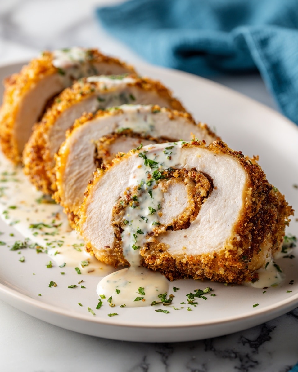 A white plate shows three round pieces of rolled food with a golden-brown crust on the outside and a light pink inside, covered on top by a smooth white sauce. Small bits of chopped green herbs are sprinkled around the plate and on top of the sauce. The plate sits on a white marbled surface with a dark blue cloth loosely draped nearby. Photo taken with an iphone --ar 4:5 --v 7