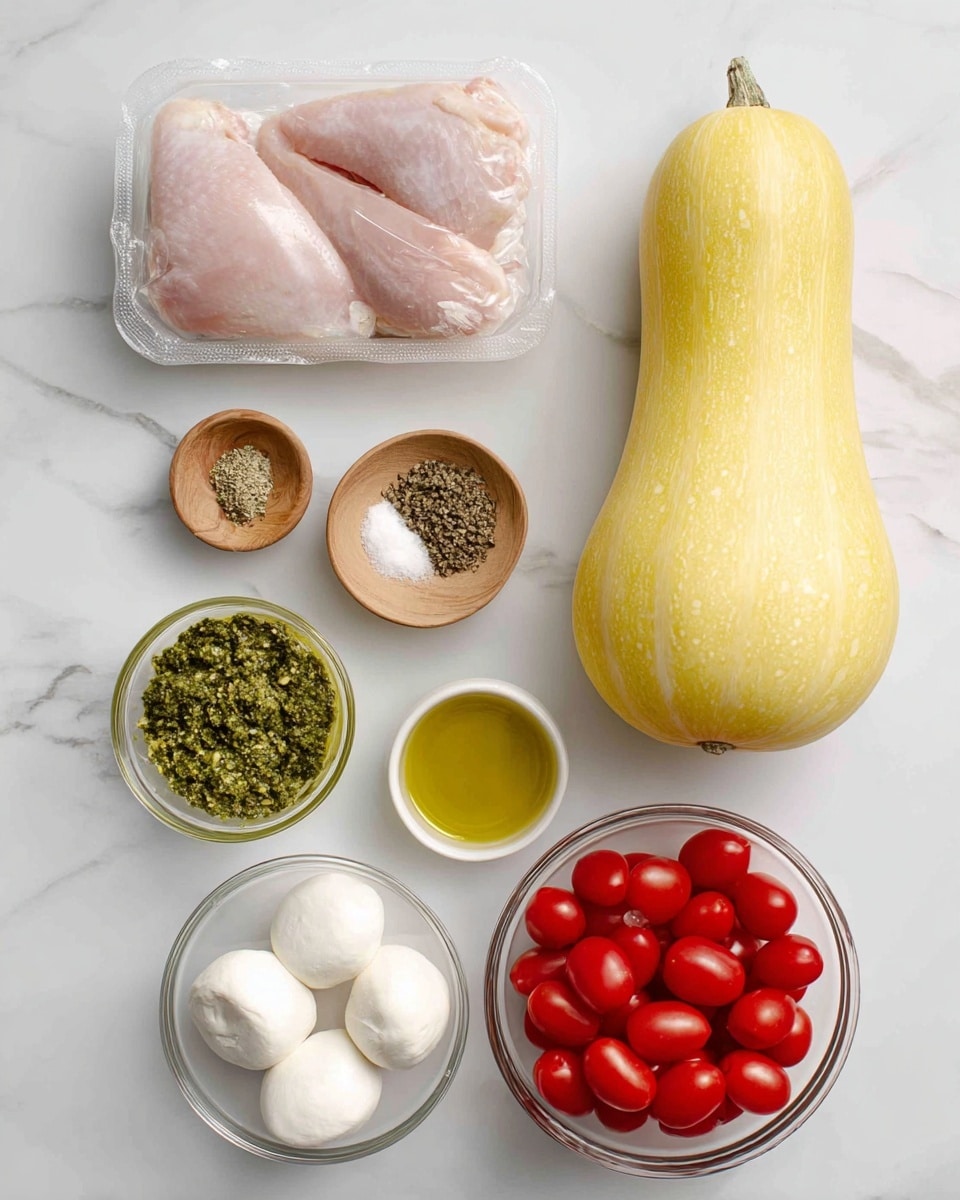 The image shows a clean white marbled surface with several ingredients neatly arranged. In the top left corner, there is a clear plastic package holding two pieces of light pink chicken. To the right of the chicken is a whole yellow spaghetti squash with a smooth skin. Below them, small round wooden bowls contain black pepper and white salt. A small glass jar labeled Italian Seasoning holds light green dried herbs, while a clear glass bowl holds fresh green pesto with a textured surface. To the bottom left, there is a small white bowl with golden oil. Next to it, a clear glass bowl contains two smooth white mozzarella cheese balls. Finally, on the bottom right, there is a clear plastic container filled with shiny red grape tomatoes. Everything is placed visibly and spaced evenly. Photo taken with an iphone --ar 4:5 --v 7