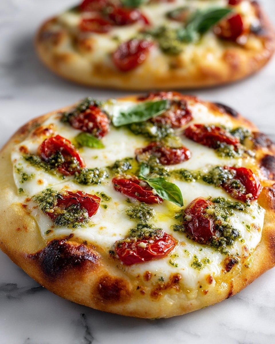 The dish shows two halves of a yellow spaghetti squash used as a base, with a smooth and slightly roasted texture forming the shell. Inside, there is a layer of melted white cheese that looks bubbly and slightly browned in spots. On top of the cheese, bright red roasted cherry tomatoes are evenly spread, adding a glossy and juicy texture. There are dollops of green pesto sauce scattered across the surface, adding a coarse and rich green layer. Fresh basil leaves are placed on top, introducing a fresh and vibrant green color, contrasting with the reds and whites. The dish sits on a sheet of brown parchment paper, against a white marbled background. Photo taken with an iphone --ar 4:5 --v 7